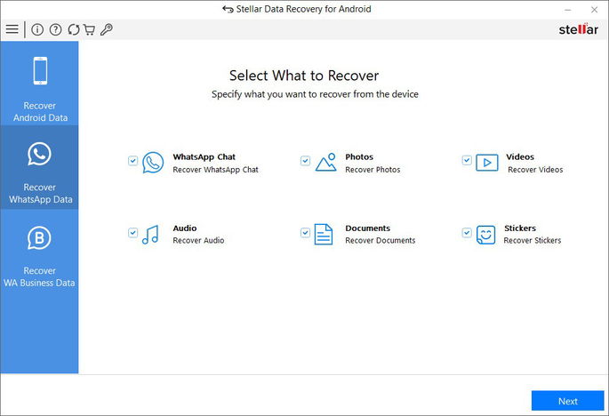 Interface Stellar Data Recovery for Android