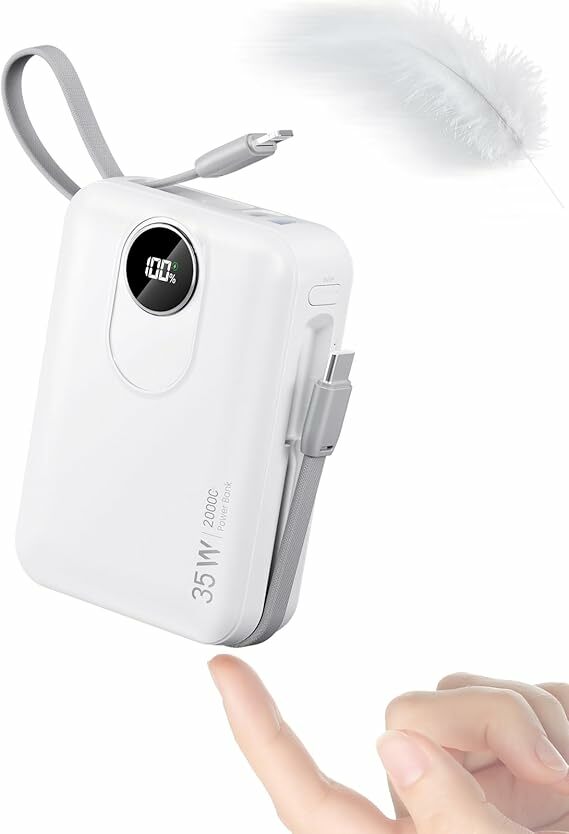 20000 mAh Power Bank com cabo incorporado: Bateria externa de carregamento rápido de 35 W
