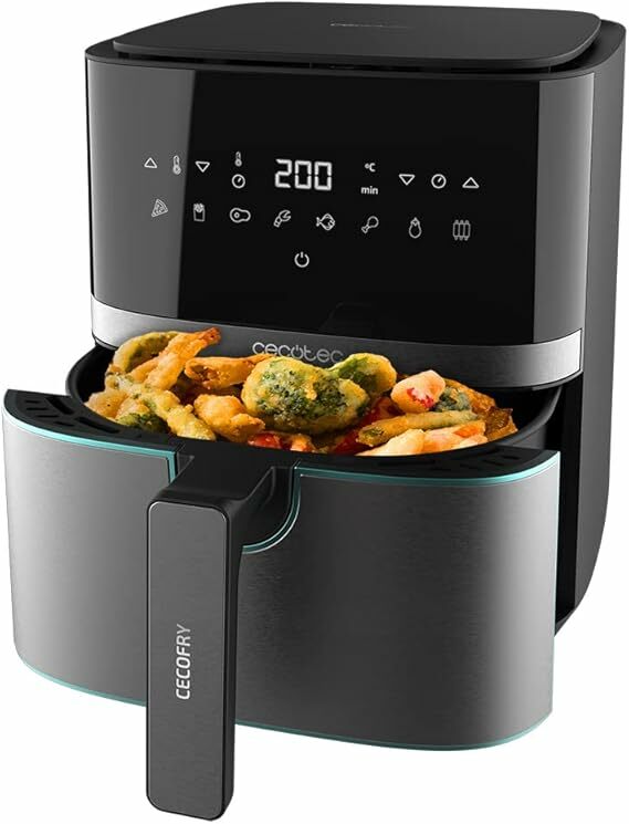 Cecotec Frigideira sem óleo de 5,5 l de ar quente Cecofry Full InoxBlack 5500 Pro. 1700 W, dietética e digital, painel de toque, acabamentos em aço inoxidável, tecnologia PerfectCook, termostato, 8
