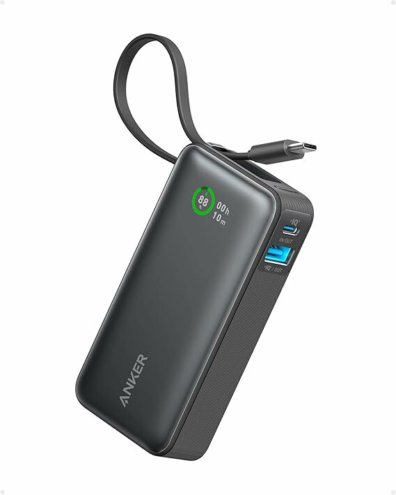 Anker Nano Powerbank 10.000 mAh: Powerbank compacto com 30W de carga rápida, 1 porta USB-C, 1 USB-A e cabo integrado, compatível com vários dispositivos.