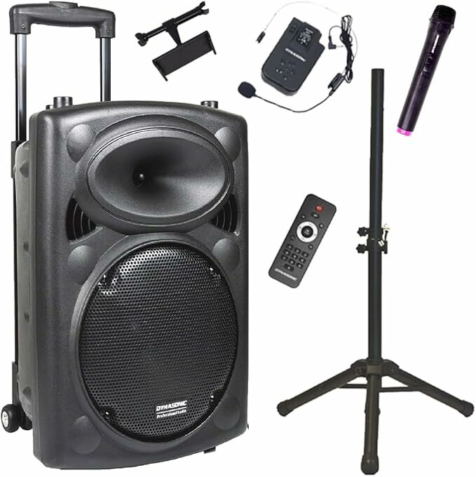 DYNASONIC - DYNAPRO 12 Plus (3ª geração pack tripé) altifalante Bluetooth portátil profissional, altifalante Bluetooth potente 700 W 2 microfones karaokê, suporte para tablet e tripé