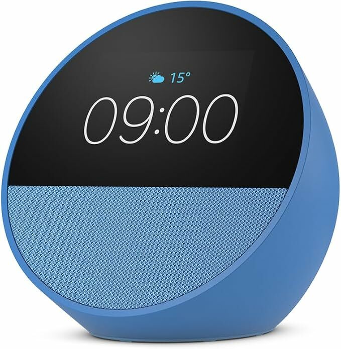 Novo Echo Spot (lançamento de 2024), Relógio inteligente com alarme e som vibrante + Alexa, Azul