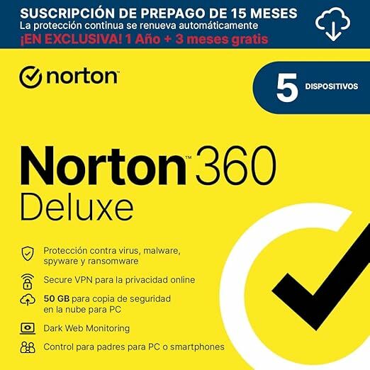 Norton 360 Deluxe 2023 - Software antiv&iacute;rus para 5 dispositivos e 15 meses de subscri&ccedil;&atilde;o com renova&ccedil;&atilde;o autom&aacute;tica