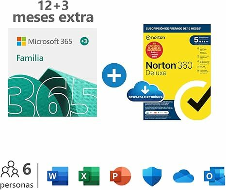 Microsoft 365 Família | Apps Office 365 | PC/MAC/telemóvel, assinatura anual, 12 + 3 meses, NORTON 360 Deluxe, 15 meses, PC/Mac, código de ativação enviado por e-mail