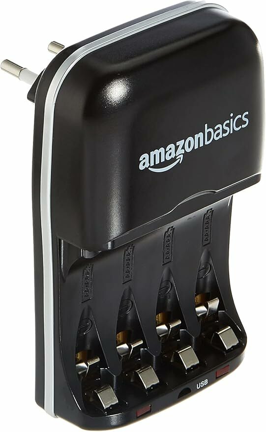 Amazon Basics - Carregador de pilhas de Ni-MH AA e AAA com porta USB, preto
