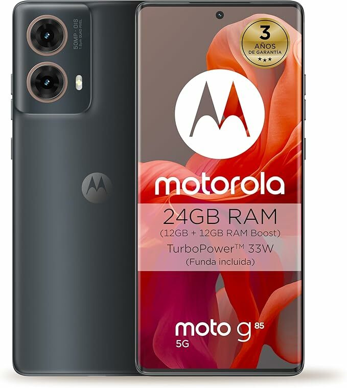 Moto g85 5G 24 GB (12 GB RAM Boost)/256 GB cinzento, ecrã de borda infinito de 6,67 polegadas e som Dolby Atmos, câmara Sony LYTIA 600 de 50 MP com OIS