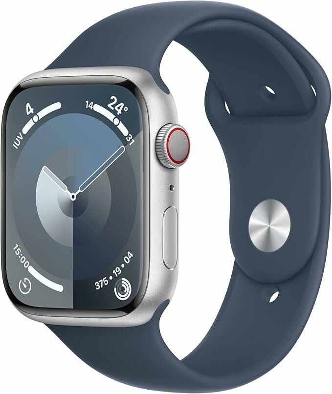 Apple Watch Series 9 [GPS Cellular] Smartwatch com caixa de alumínio em prata de 45 mm e correia desportiva azul tempestade - tamanho M/L