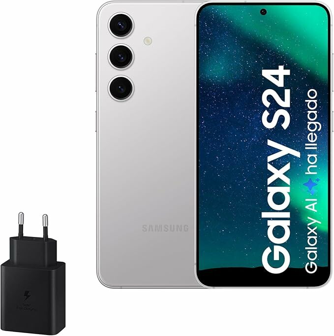 Samsung Galaxy S24 e carregador de 45W, telemóvel com IA, smartphone Android, 8 GB RAM, 256 GB de armazenamento, câmara 50 MP, bateria longa duração, cinzento mármore