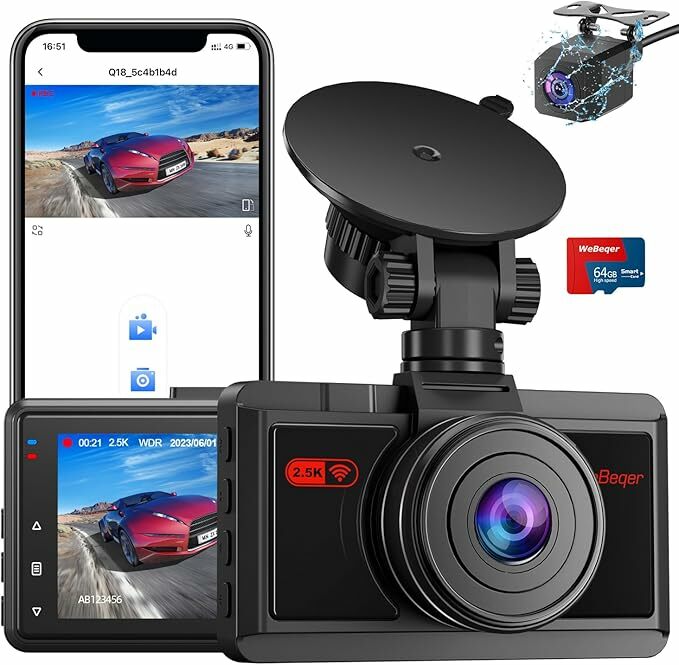 Câmara de carro, 2,5 K + 1080P WiFi Dashcam com cartão 64G