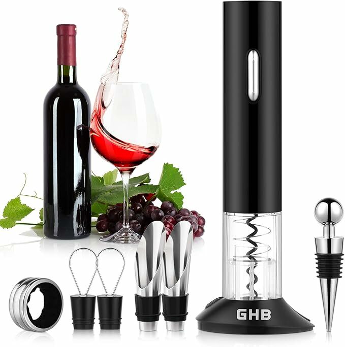 GHB Saca-rolhas saca-rolhas elétrico abridor de garrafas de vinho com cortador de folhas cor preta