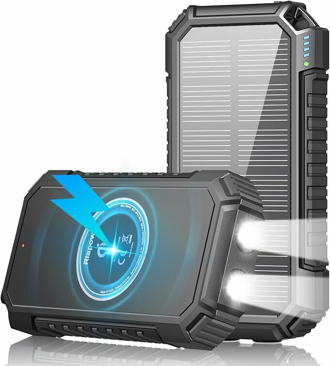 Carregador solar 26800 mAh bateria externa: Riapow Power Bank com 4 saídas