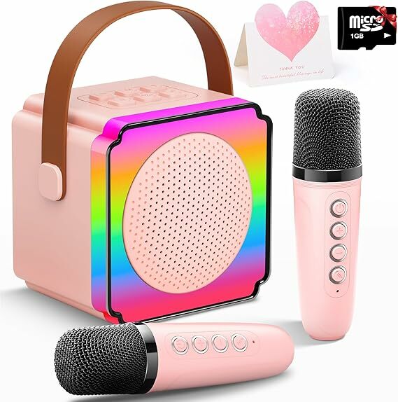 Gontence Brinquedos Karaoke para crianças com 2 microfones, cartão de presente, cartão TF, luzes LED