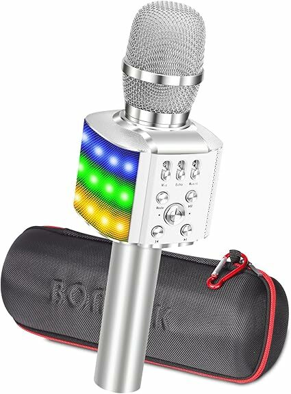 BONAOK Microfone para crianças, microfone de gravador Karaoke Bluetooth, microfone de karaoke 3 em 1 com luzes