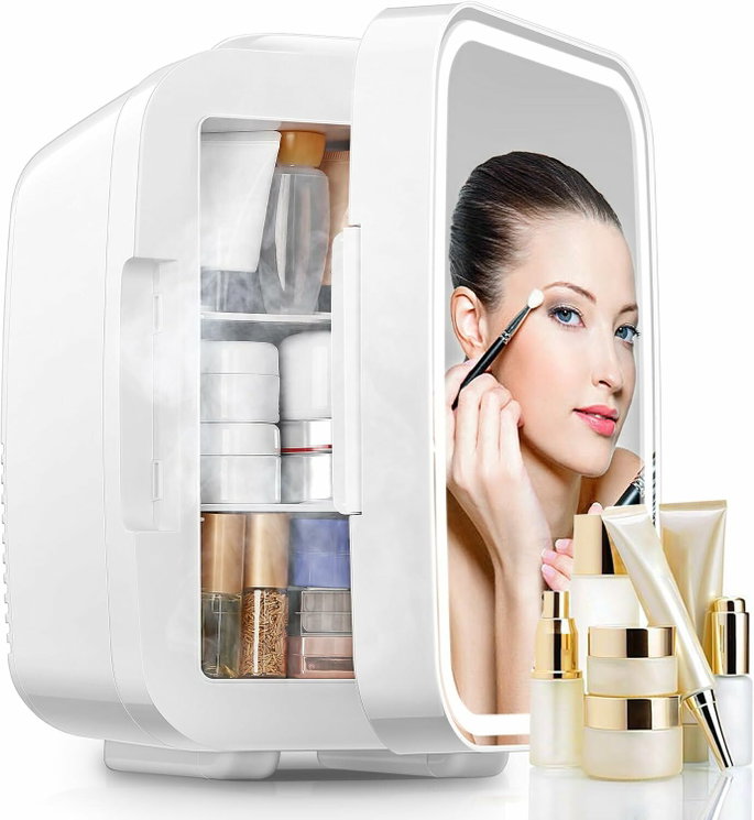 FOHERE Mini frigorífico para quarto, Skincare frigorífico com espelho LED