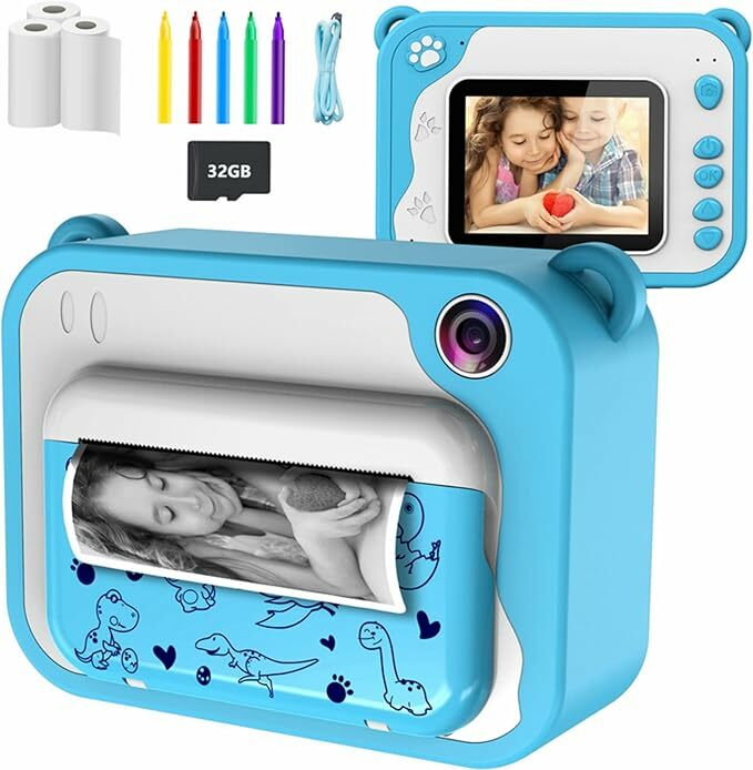 Câmara fotos infantis instantâneas, câmara de vídeo com cartão SD 32 GB/papel de impressão/caneta colorida