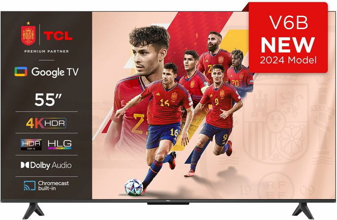 Smart TV TCL 55" 4K Ultra HD com HDR, Dolby Audio, Google TV, controlo por voz e Chromecast integrado.