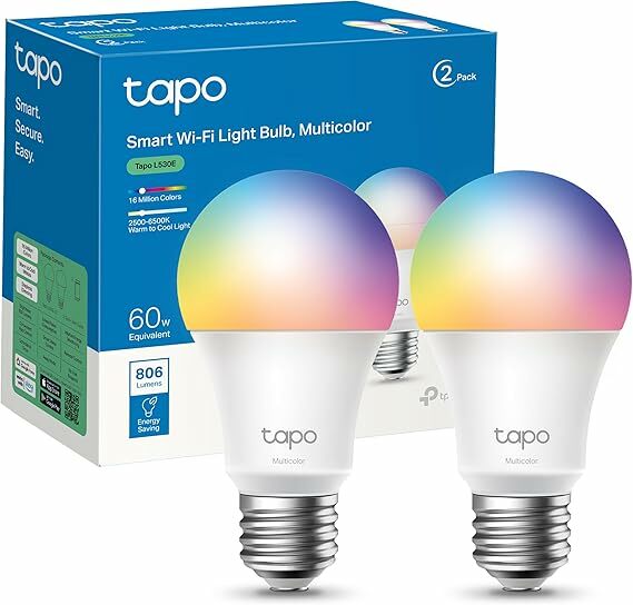 TP-Link Tapo L530E, Lâmpada LED inteligente Wi-Fi, multicolor, regulável, E27, 8,3 W 806 lm, compatível com Alexa e Google Home, 2 unidades