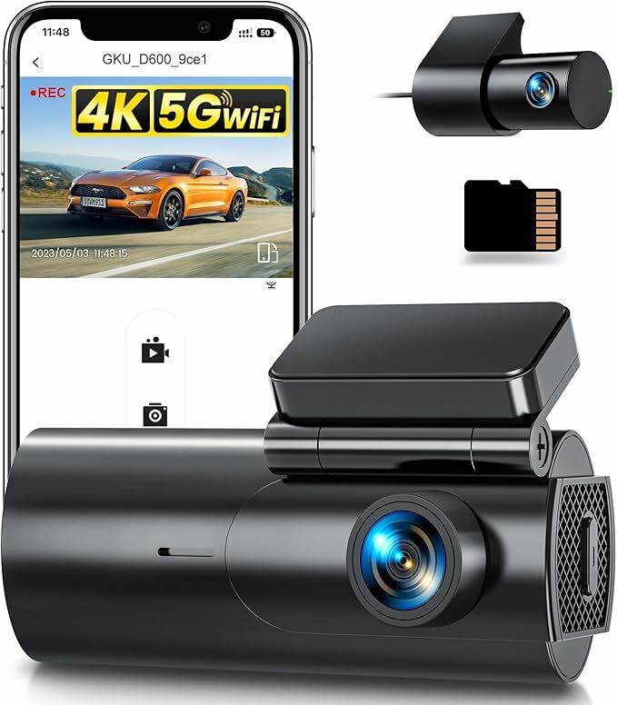 GKU Dashcam Câmara carro 4 K/2,5 K, 5 GHz WiFi Dash CAM carro com cartão SD de 64 GB