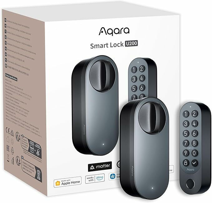Aqara Fechadura inteligente U200 com leitor de impressão digital, Matter over Thread, fechadura eletrónica sem chave com Apple Home Key e bateria recarregável