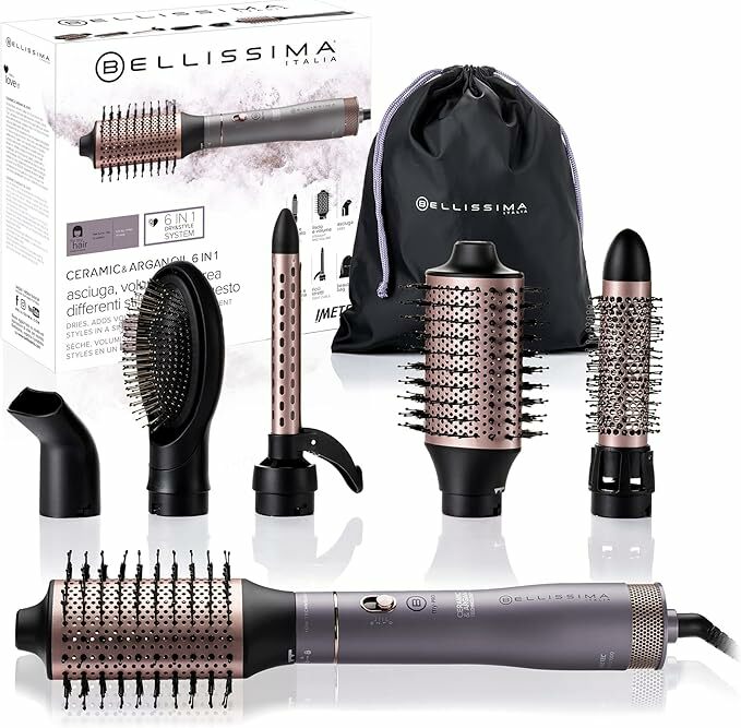 Bellissima Ceramic & Argan Oil 6em 1, escova de ar quente, moldador, 6 acessórios
