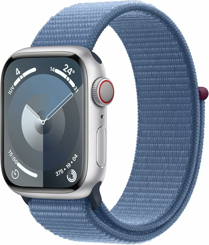 Apple Watch Series 9 [GPS Cellular] Smartwatch com caixa de alumínio em prata de 41 mm e correia Loop desportiva azul inverno. Monitor de treino, App oxigénio no sangue, neutro em carbono
