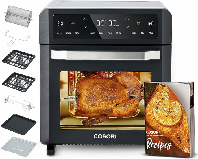 COSORI Fritadeira de Ar 12L &ndash; 11 fun&ccedil;&otilde;es, dupla resist&ecirc;ncia, 7 acess&oacute;rios, 50 receitas, ecr&atilde; t&aacute;til LED e janela.