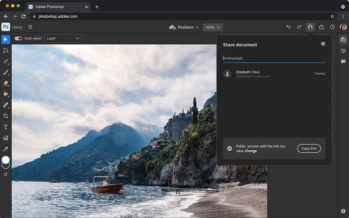 Este é o aspeto ado Adobe Photoshop na versão web