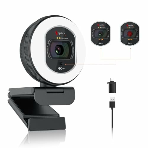 Angetube Webcam 4K com luz, microfone de cancelamento de ruído duplo AI, foco automático, 1080P, 60F