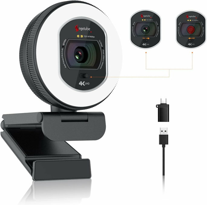 Angetube Webcam 4K com luz, microfone de cancelamento de ruído duplo AI, foco automático, 1080P, 60FPS