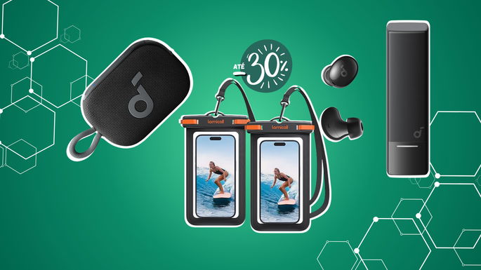auriculares, coluna de som e capa impermeável telemóvel