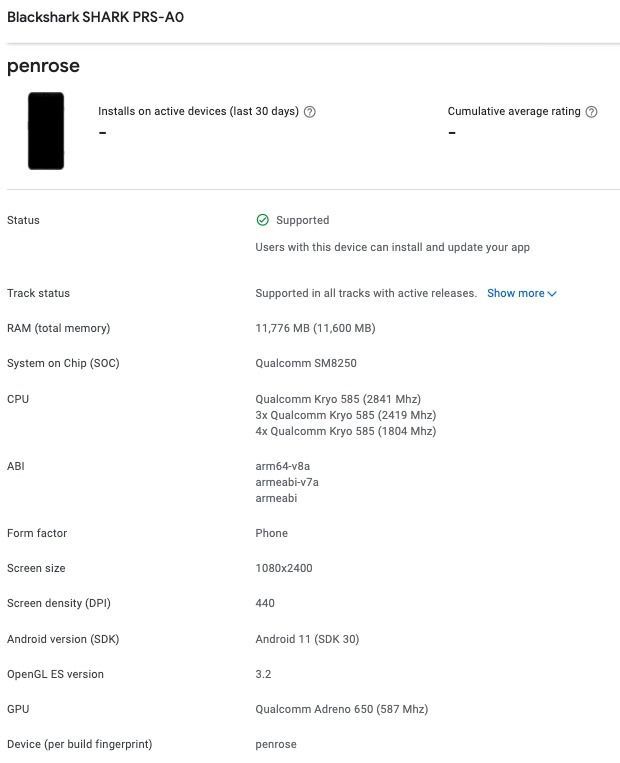 Xiaomi Black Shark 4 Pro na Google Play Console