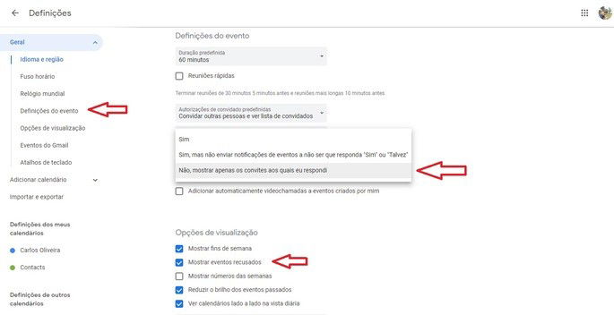 Calendário opções