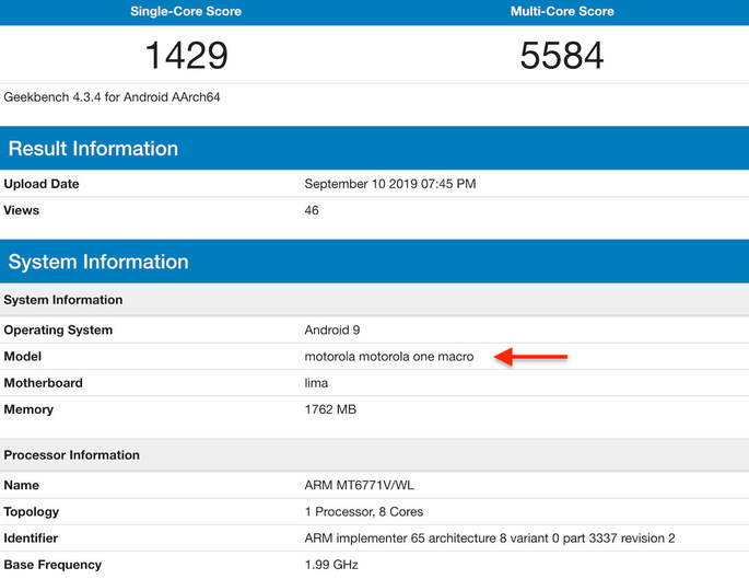 motorola one macro geekbench