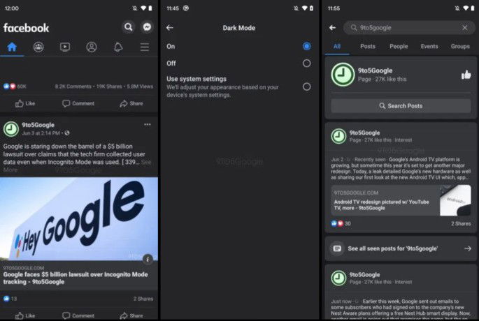 Dark Mode na app Android do Facebook. Crédito: 9to5Google