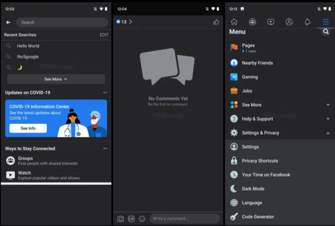 Dark Mode na app Android do Facebook. Crédito: 9to5Google