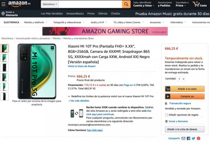 Xiaomi Mi 10T Pro listado na Amazon de Espanha por 666€