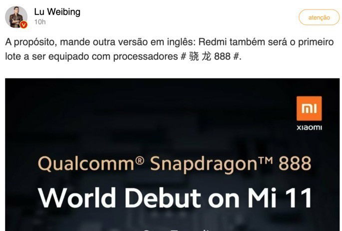 Lu Weibing confirmou Redmi com Snapdragon 888