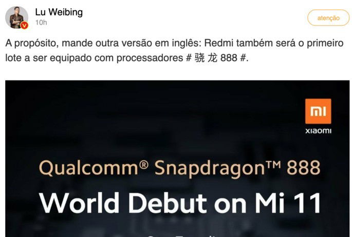 Lu Weibing, diretor-geral da Redmi, confirmou Snapdragon 888
