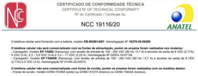Samsung Galaxy S21 sem carregador e auriculares na caixa. Crédito: Anatel