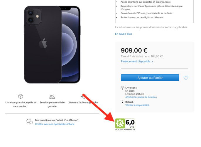 Índice de reparabilidade do iPhone 12. Imagem: site oficial da Apple em França