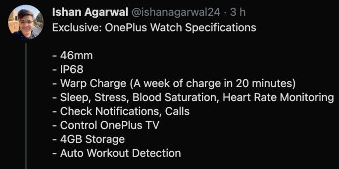 Ishan Agarwal avança características principais do OnePlus Watch