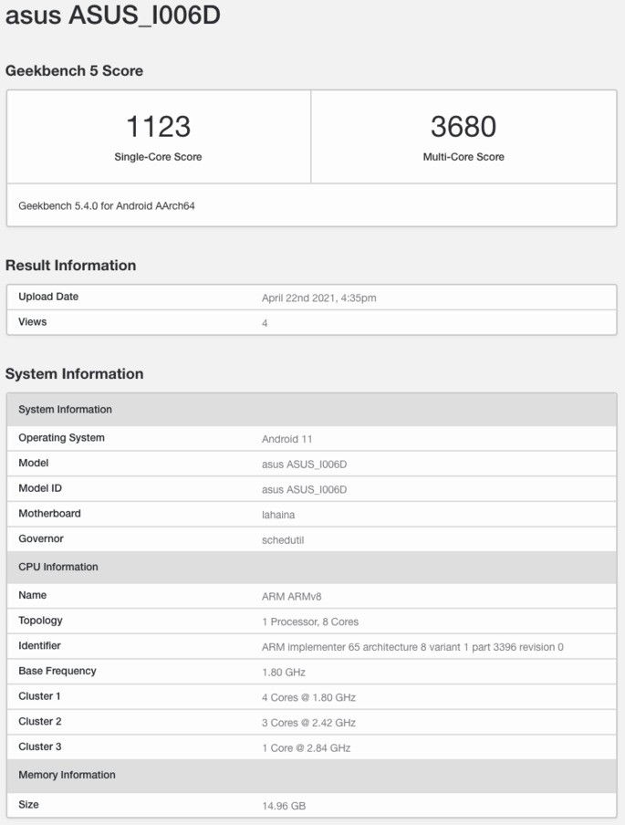 Alegado Asus ZenFone 8 Mini no Geekbench