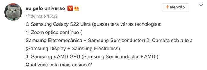 Alegadas características do Samsung Galaxy S22 Ultra. Crédito: Ice Universe