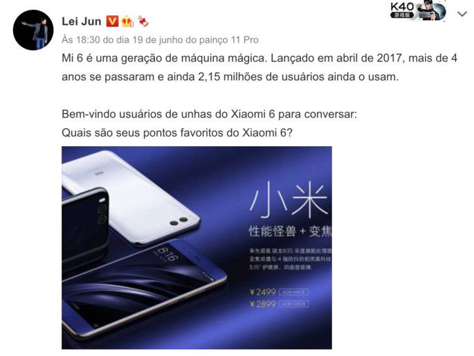 Lei Jun revela utilizadores ativos do Mi 6