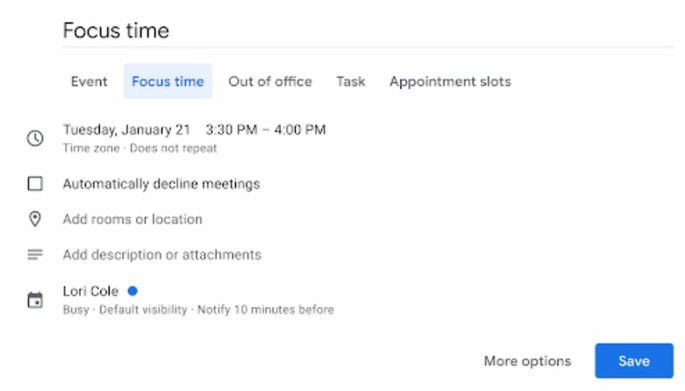 Cria uma entrada de “Focus Time” (tempo de foco) no Calendário Google