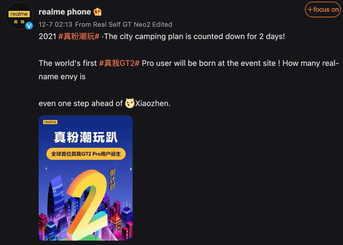 Publicação oficial da Realme na rede social Weibo