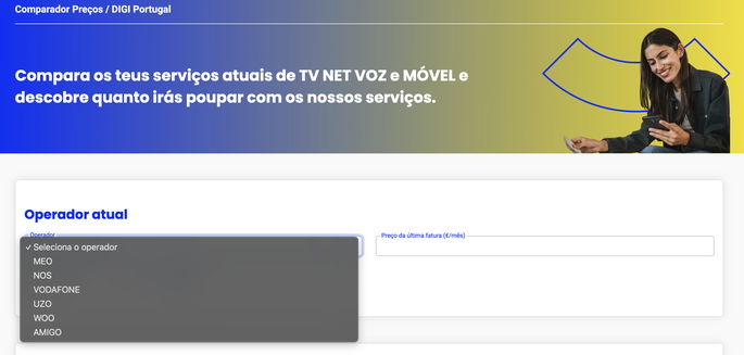 Interface do comparador de preços da DIGI