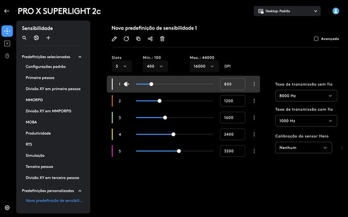 Interface do software Logitech G Hub