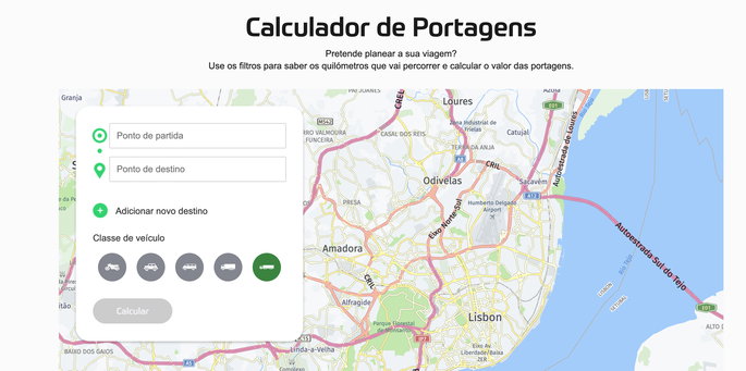 Interface do Calculador de Portagens