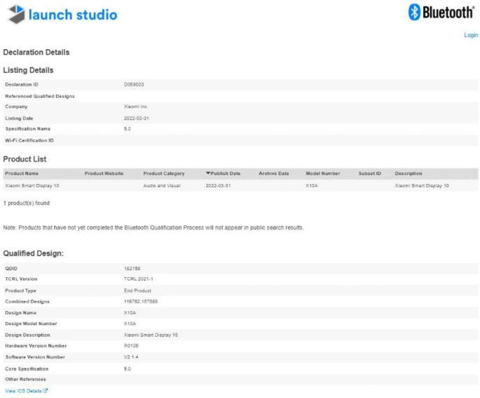 Certificação Bluetooth SIG Xiaomi Smart Display 10